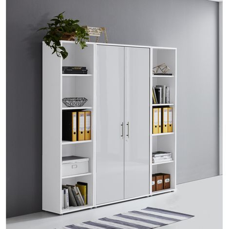 BMG Möbel abschließbare Regalwand/Schrankwand, Office Edition Set 3, weiß / weiß hochglanz