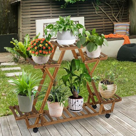 Scaffale Portafiori Portavasi per Piante Porta Piante in Legno con Ruote interno a 6 Ripiani Espositore balcone esterno 91x25x81cm (1/5)