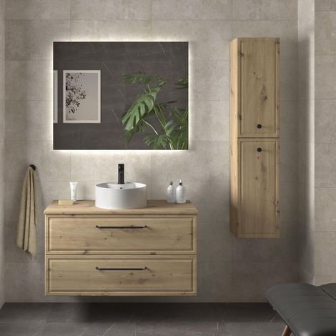 Meuble de salle de bain RUNA Chêne 100cm 2 tiroirs Vasque à poser 1 vasque Porcelaine (1/5)