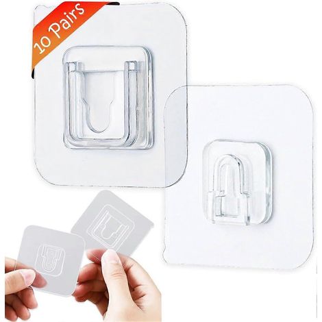 Crochets adhésifs muraux, lot de 20 crochets adhésifs transparents pour toilettes, salons, cuisines, suspensions, cadres photo (1/5)