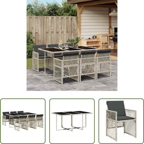 vidaXL Gartenstuhl - 7-tlg. Garten-Essgruppe mit Kissen Hellgrau Poly Rattan (1/5)