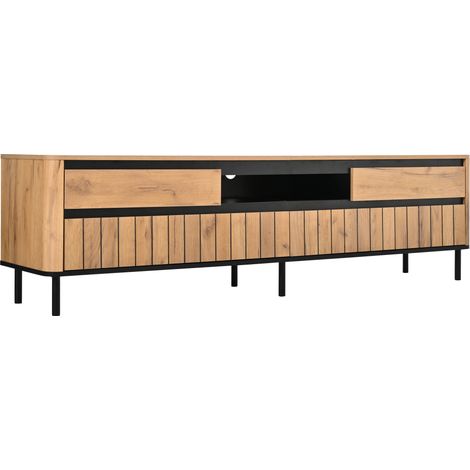 Mobile TV 180x40x52 cm con 2 cassetti e 2 ante abbattibili, MDF e metallo, naturale e nero (1/5)