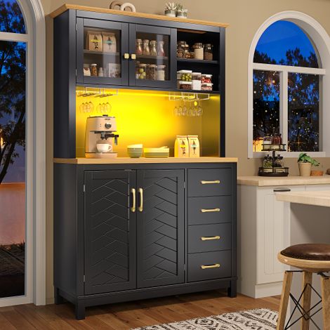Vaisselier avec led, tiroirs, 4 portes et rangements, noir, en MDF, 105.5x40x180 cm