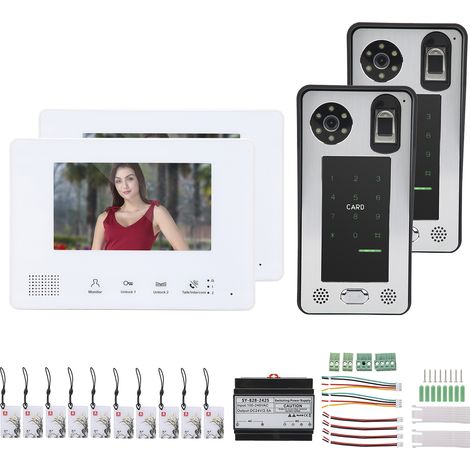 Kit visiophone filaire 7 pouces, 2 moniteurs, 2 caméras, déverrouillage par empreinte digitale, mot de passe et carte IC, vision nocturne, 100‑240V (1/5)