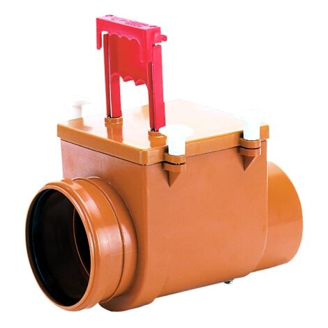 Valvola antiriflusso DN110 con clapet inox e pozzetto d'ispezione, chiusura manuale supplementare