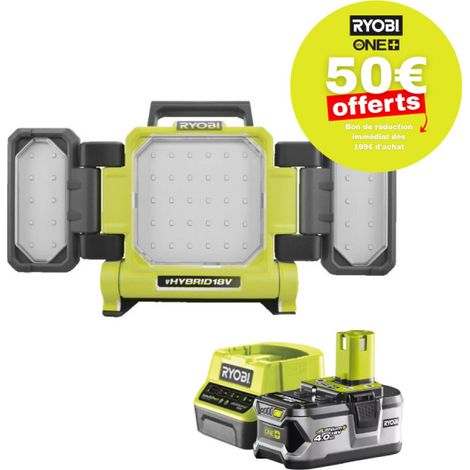 Pack RYOBI Triple panneau lumineux LED 18V One+ 3000 Lumens RLP18-0 - 1 Batterie 4.0Ah - 1 Chargeur rapide RC18120-140