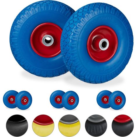 8 x Sackkarrenrad, pannensichere Vollgummireifen, 3.00-4 Stahlfelge, 20 mm Achse, 100kg, Ersatzrad 260 x 85mm, blau-rot