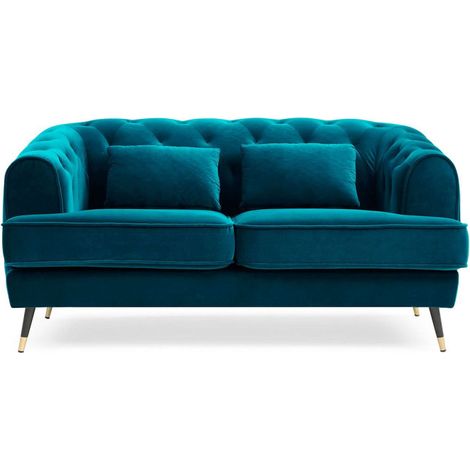 Paris Prix – Canapé droit 2 places en velours bleu canard 146cm – Coussins assortis – Ressorts ensachés – Mousse de confort (1/4)