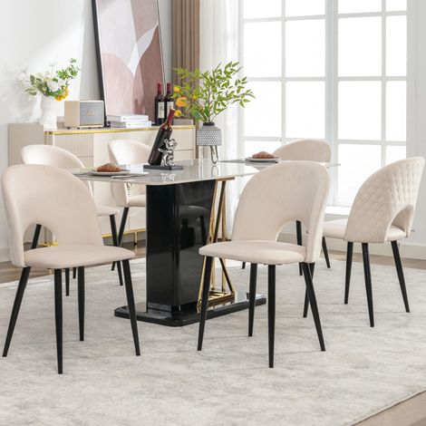 Chaise de salle à manger (lot de 6), chaise design rembourrée avec dossier, assise en velours, structure en métal, pieds réglables, motif losanges au dossier, beige (1/5)