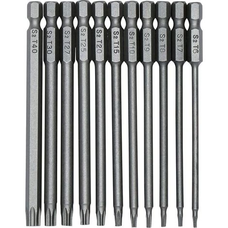 11Pcs Strumento Torx Bit sicurezza per cacciaviti 100mm punta magnetici cacciavite da 1/4 pollice esagonale gambo cacciavite T6-T40 per Riparare Macchinari e Attrezzature (1/5)