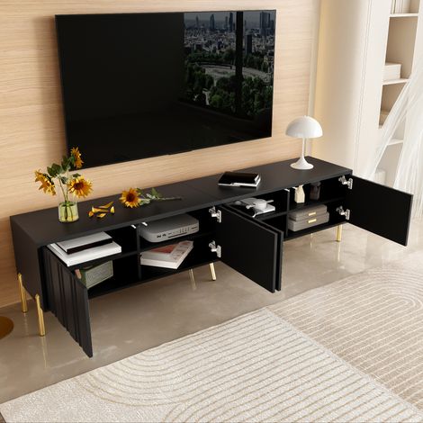 Meuble TV noir, 190 cm (L) x 38 cm (l) x 48 cm (H), avec pieds dorés adapté au salon. (1/5)