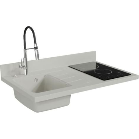 Plan de travail monobloc PlaniQuartz avec évier - 100 cm - Snova - évier à gauche - Plaque de cuisson Vitrocéramique