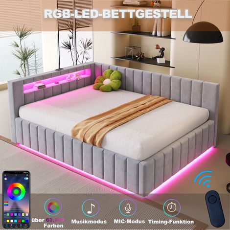 Lit coffre hydraulique 140x200, canapé convertible en tissu velours gris clair, avec éclairage LED et port USB, tête de lit et sommier renforcé, cadre stable, ancienne référence LDU00361AAG (1/5)