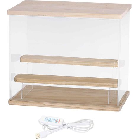 3-stöckige Acryl-Figurenvitrine, transparente Vitrinen für Sammlerstücke, Figuren, Modelle, Aufbewahrung zu Hause (mit quadratischer LED-Beleuchtung, 33 x 18 x 28 cm Holzsockel)
