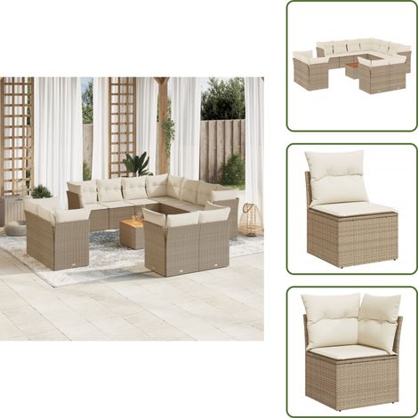 12-tlg. Garten-Sofagarnitur mit Kissen Beige Poly Rattan - Gartenmöbel Set - Esstischgarnitur - Rattan Möbel - Outdoor Sofa - Lounge Set (1/5)