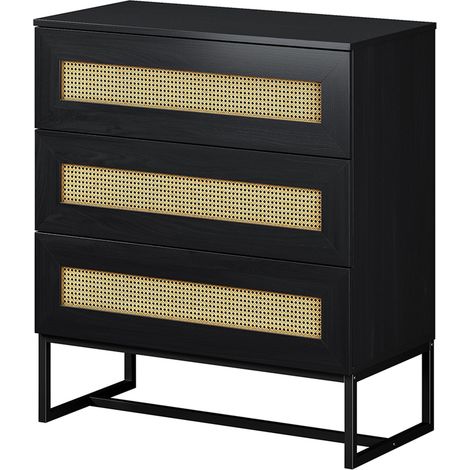 Selsey KERALS - Kommode / Schubladenschrank in Schwarz mit Rattan-Einsätzen und Metallfüßen, 80 cm breit (1/5)