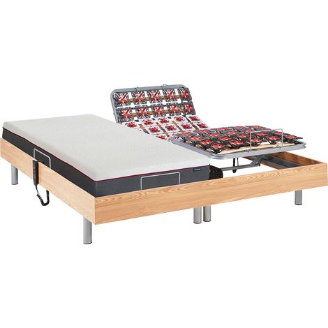 Lit électrique de relaxation tout plots + matelas mémoire de forme - 2 x 90 x 200 cm - Chêne - ATRIDE de DREAMEA (1/5)