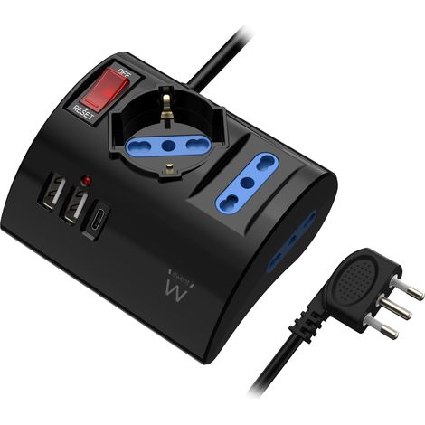 Ewent Multipresa da scrivania/tavolo con 3 Prese 10/16A e 2 porte USB-A e 1 porta USB-C, Interruttore ON/OFF, 3500W, Protezione da Sovraccarico,Spina IT10A e cavo da 2mt,Nera, 3 prese (2ITA/Schuko) (1/5)