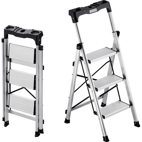 Escabeau Pliant 3 Marches Marchepied Pliable Charge 150 kg Échelle Domestique Alliage d'Aluminium pour Travaux Ménagers, Bricolage, avec Larges Marches Antidérapantes, Plateau à Outils, Argenté (1/5)