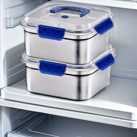 Lot de 2 : Boîtes de conservation alimentaire extra-larges en acier inoxydable (60,87 oz) avec couvercles bleus (1/5)