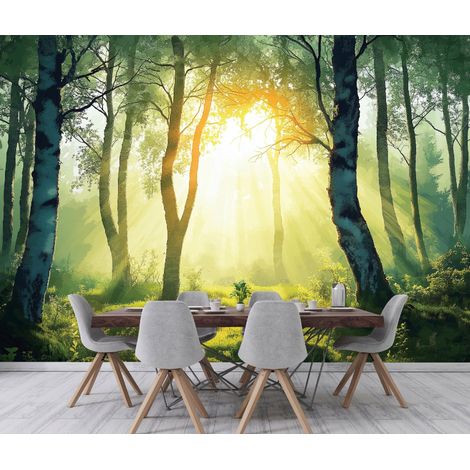 Fototapete Wald Bäume Natur Sonne 3D-Optik, für Wohnzimmer und Schlafzimmer, 150 x 105 cm – Komplettset inkl. Kleister & Anleitung (1/5)