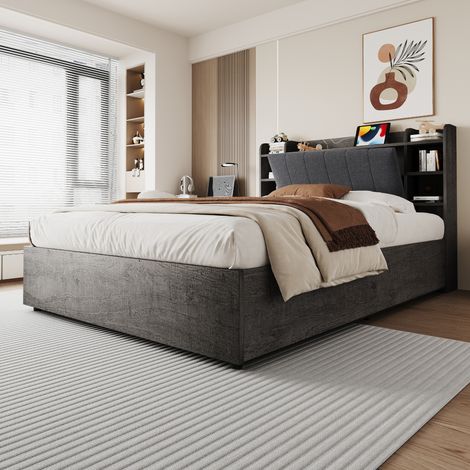 Lit hydraulique en bois 180 x 200 cm, lit double avec rangement intégré, port USB & prise Type-C, tête de lit design gris (sans matelas) (1/4)