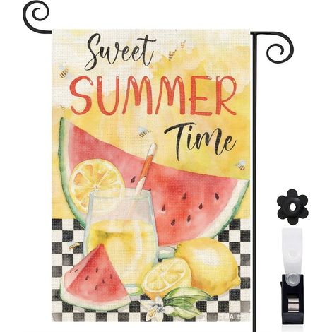 Drapeau de jardin motif damier et fruits d'été 30 x 45 cm décoration terrasse et extérieur (1/5)
