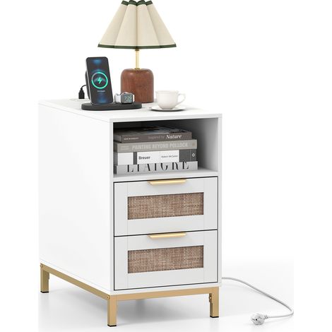 Table de Chevet en Rotin avec Prise, Chevet de Lit Étroite avec Tiroirs, Design Cannage Bohème, Étagère Ouverte, Blanc (1/5)