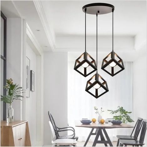 E27 3 Lustres Luminaires Industrielle Vintage Noir Lampe Suspension en Métal Style Edison pour Salon Chambre (1/4)