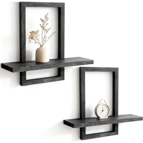 PA Lot de 2 étagères murales flottantes en bois noir pour décoration murale, étagères murales pour chambre à coucher, salon (1/5)