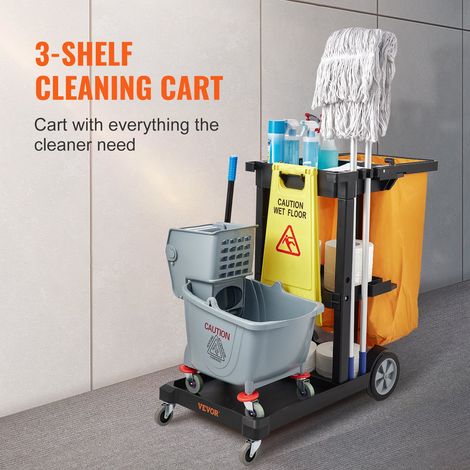 Chariot de Ménage Professionnel 3 Niveaux Chariot de Nettoyage Lavage en PP avec Sac à Déchets en PVC Chariot d'Entretien Charge 90… (1/5)