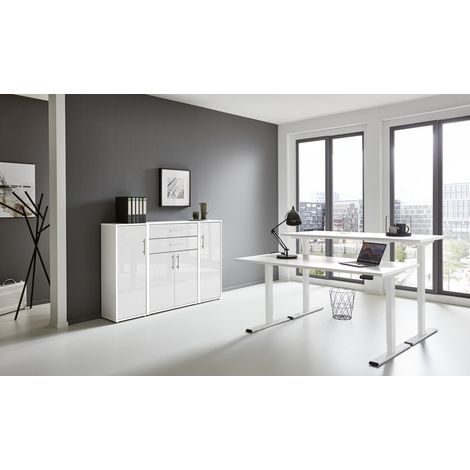 BMG Möbel Büromöbel-Set, e-Office Edition Set 16, Schreibtisch höhenverstellbar, 160 cm, weiß/ weiß hochglanz