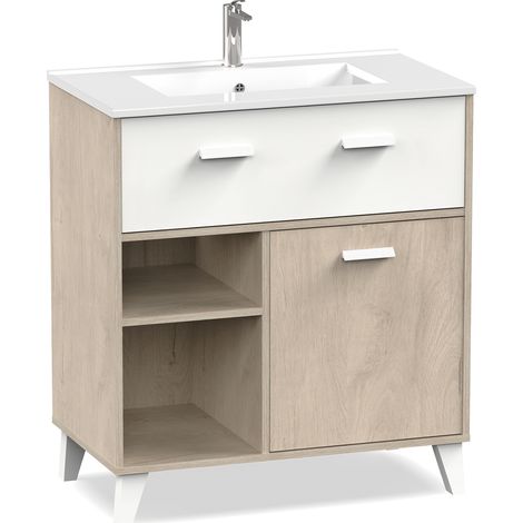 Meuble Vasque 1 porte + 1 tiroir coloris effet bois / blanc - Hauteur 90 x Longueur 82 x Profondeur 47 cm -PEGANE-