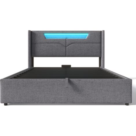 Letto matrimoniale imbottito LED con USB-C e contenitore, lino grigio 140 x 200 cm (1/5)
