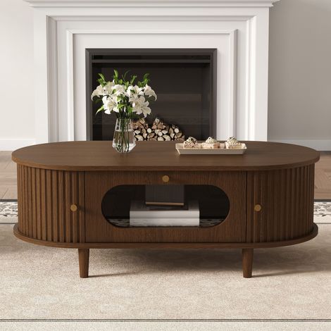 Table basse 100x50x36 cm avec portes, tiroirs, étagères, salon moderne, rangement pratique, design contemporain, en MDF, noyer
