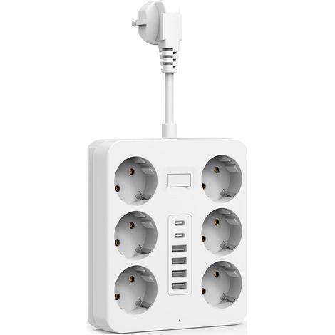 Multiprise Murale avec 6 Sortie AC et 6 Ports USB, 12 en 1 Prise Électrique Adaptateur Secteur avec Interrupteur, Secteur USB C Convient pour Domicile, Bureau, Compatible pour Phone, Pad (1/5)