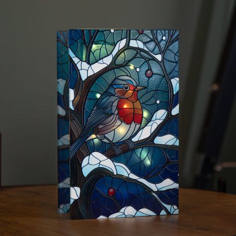21cm Battery Operated Light up Stained Glass Christmas Decoration with Robin Scene & Warm White LEDs (1/3)