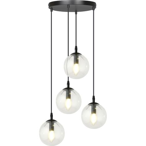 Sospensione 4 Luci Cosmo In Acciaio Nero Base Tonda E Sfere In Vetro Trasparente (1/5)
