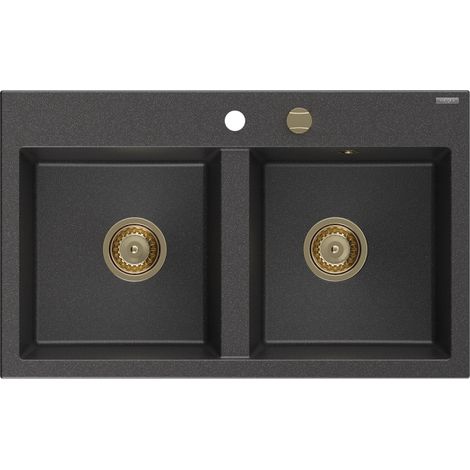 Mexen Hektor évier en granit à 2 bacs 800 x 480 mm, noir moucheté, siphon doré - 6521802000-76-G (1/5)