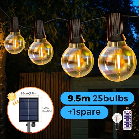 Guirlande lumineuse solaire extérieure (9,5 m, 26 ampoules) avec ampoules LED incassables G40, résistante aux intempéries et idéale pour un coin repas dans votre jardin. (1/5)