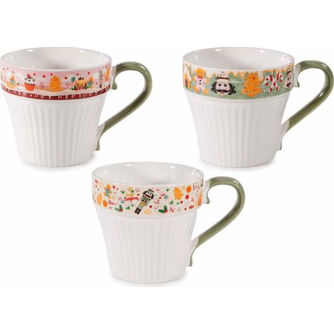 Tazze con decori di Natale e manico colorato realizzate in porcellana, set da 6 pezzi, Ø 9 cm x 8,5 H