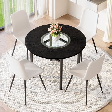 Conjunto de mesa redonda minimalista con 4 sillas blancas de PU y tablero negro de 100 cm (1/5)