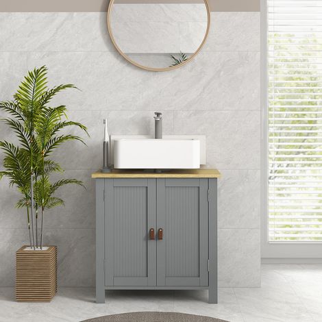 Mueble bajo fregadero con 2 puertas, estante ajustable, 2 niveles interiores, tiradores de poliuretano, 60 x 30 x 60 cm, gris.