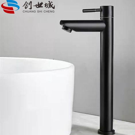Cross-border trade single cold water faucet, 304 stainless steel, tall basin faucet, bathroom countertop washbasin faucet - black, straight spout, tall model [copper core, copper rod]