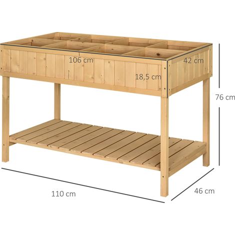 Potager surélevé à 8 compartiments, table de plantation, jardinière, bois de sapin, 1 étagère + drainage (1/5)