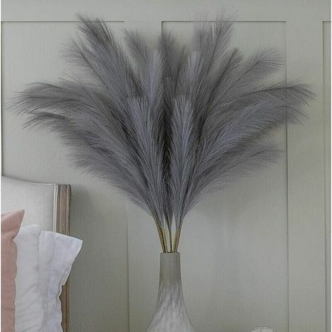 Großer, künstlicher grauer Pampasgrasstrauß, 5 Stiele, extra flauschig, 70 cm, Federblumen, Wohnzimmerdekoration, Boho-Stil, große Vase, Tischblume, Hochzeit, Grau (1/5)