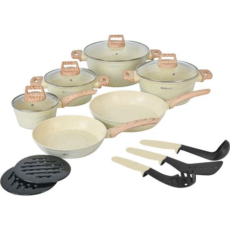 Batterie de cuisine 15 pièces avec revêtement en granit et manche en Bois Noir Herzberg beige HGWDBEJ15-BEI (1/5)