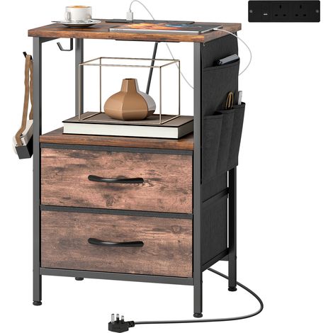 HOMCOM Slim Side Table with Charging Station, Bedside Table, Rustic Brown