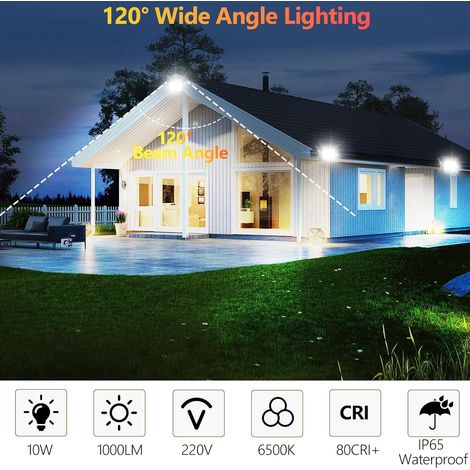 Confezione da 4 faretti LED da esterno da 10 W, faretti LED da esterno super luminosi da 1000 LM, luce bianca fredda da 6500 K, illuminazione esterna impermeabile IP66 per giardino, scale, garage, cor (1/4)