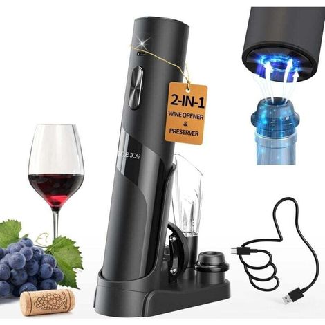 Tire bouchon électrique rechargeable 7-en-1 Coffret Cadeau avec station de charge, Coupe-capsule, Aérateur de Vin et 2 Bouchons à Vin, Câble USB (1/4)
